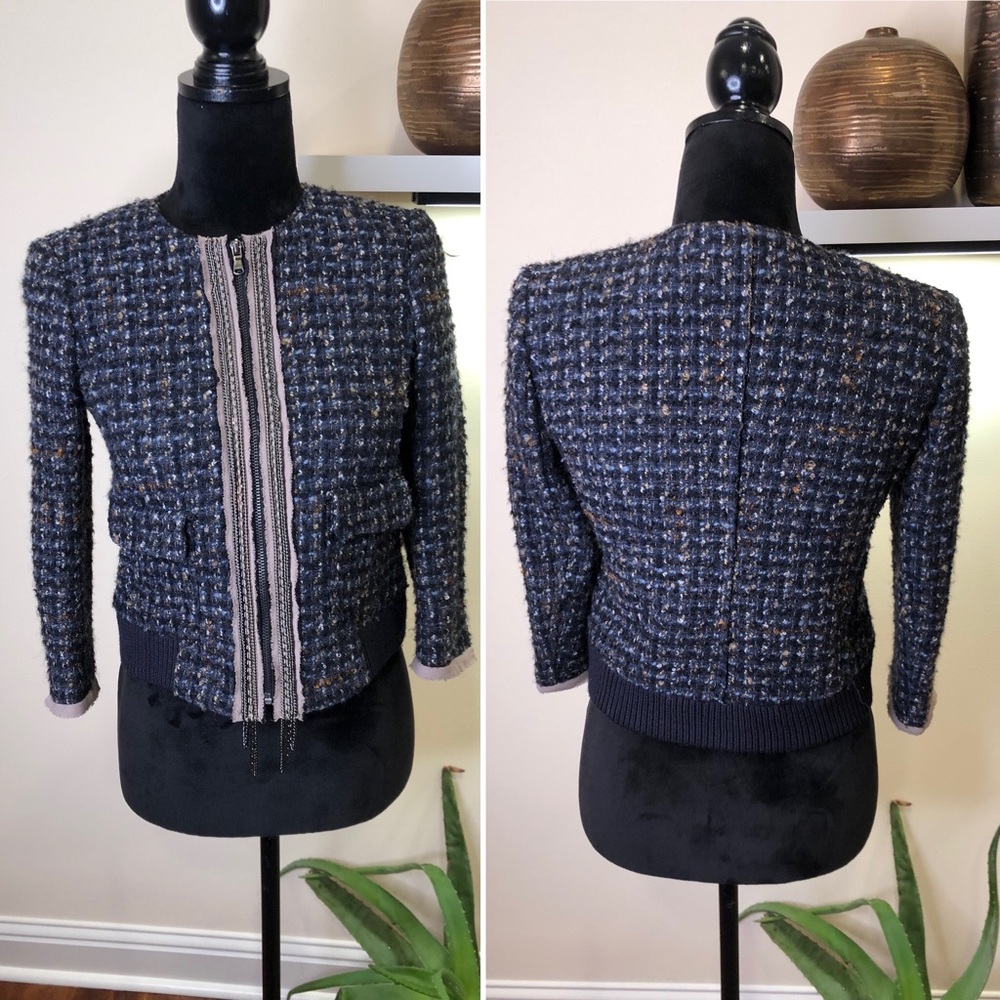 Ann Taylor LOFT Navy Tweed Wool Bomber Jacket Blazer Silver Chain Detail XSP